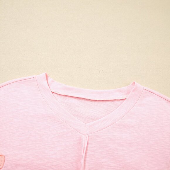 B295 Pink Flower Patched Exposed Seam 3/4 Sleeve Top - Picture 7 of 9